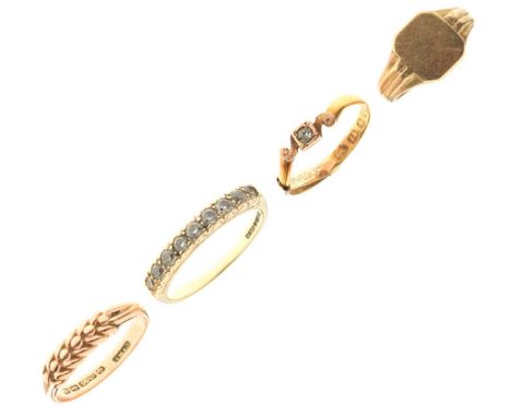 Three 9ct gold rings, including signet ring and a half eternity ring, 6.6g gross approx, and another ring with 22ct gold hall