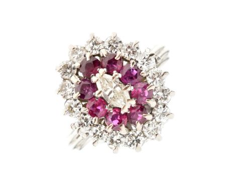 18ct white gold, ruby and vari-cut diamond cluster ring, size M approx, 8.3g gross approx