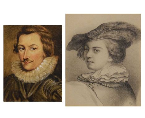 Two 19th Century portrait studies of figures wearing ruffs, the first watercolour, depicting a gentleman with moustache, 12cm