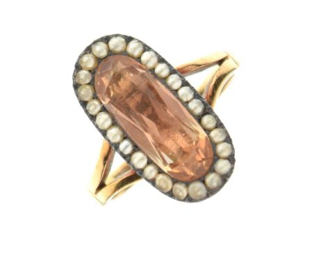 '9ct' stamped yellow metal, seed pearl and brown stone ring, size M approx, 4.1g gross approx