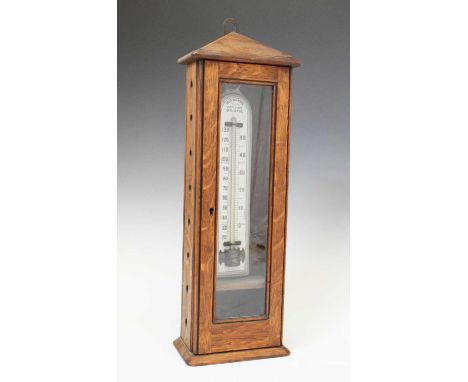 Oak cased Husbands Opticians Bristol thermometer, 16cm x 44cm high