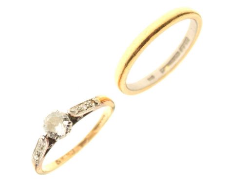 Gold wedding band, the band stamped '22ct' and 'platinum', size M approx, 3.9g approx, and a single stone diamond ring with d
