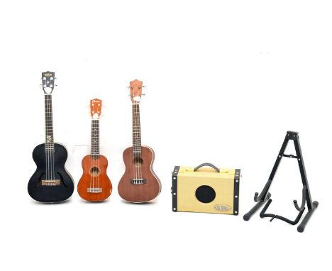 Clearwater ukulele together with an Lanika electric ukulele, Stagg electric ukulele and amp