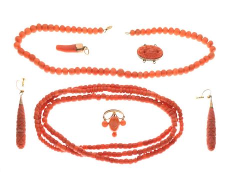 Two coral bead necklaces, 38cm and 93cm respectively, a pair 'Torpedo' earrings, ring, pendant, etc, 94g gross approx