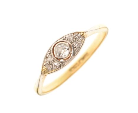 '18ct plat' marquise-shaped diamond ring, centrally set a single diamond, and six smaller diamonds in a pavé setting, size Q 