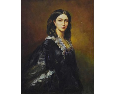 Reproduction oil on board - Portrait of a female, unsigned, 49.5cm x 39.5cm, in a gilt moulded frame 