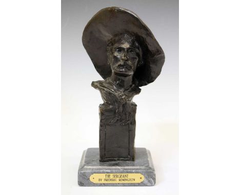 After Frederic Remington (1861-1909) -  Bronze of 'The Sergeant', on a square grey marble base, 12.5cm x 12.5cm x 29.5cm high