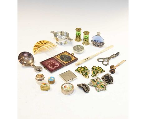 Group of objects of virtue, to include a bone letter opener with Stanhope viewer 'Souvenir of Hastings', Victorian cased phot