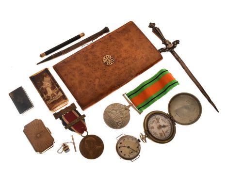 Assorted collection of miscellaneous items to include bone vesta, 5.5cm high, Second World War Defence Medal and attendance m