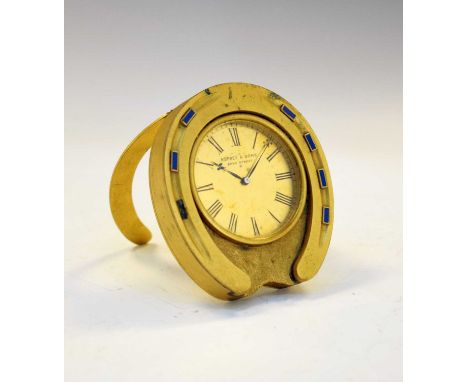 Asprey &amp; Sons gilt metal and blue enamel 'horseshoe' desk clock, gilt Roman dial with blued steel fleur de lis hands, 8cm