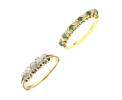 18ct gold emerald and diamond half-eternity ring, size M approx, and an old cut diamond five stone ring, unmarked, size O app