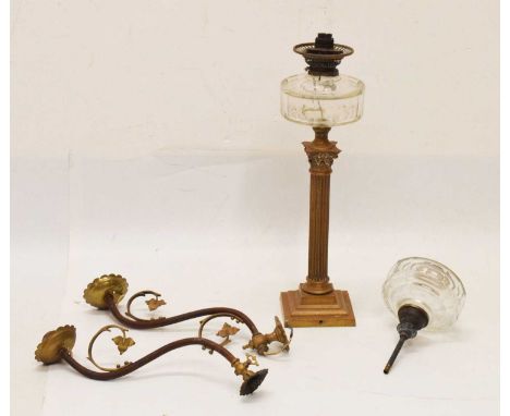 Late 19th or early 20th Century pair of Gothic Revival influence wall lamp brackets, gilt metal and glass oil lamp, etc., 47c