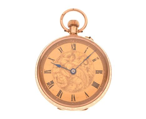 Lady's 12ct gold open-faced fob watch gilt chapter ring dial with black Roman hour makers surrounding engraved floral centre,