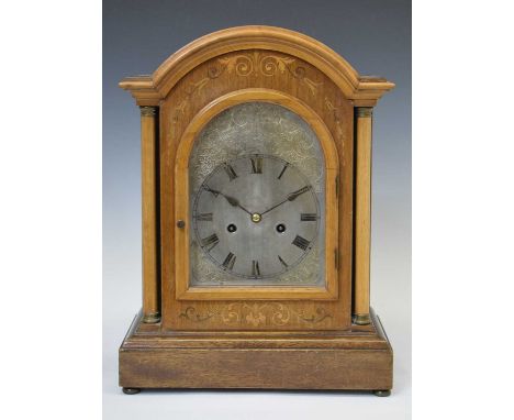 Hamburg American mahogany inlaid bracket clock, silvered engraved Roman dial with spade hands, two train movement, with four 
