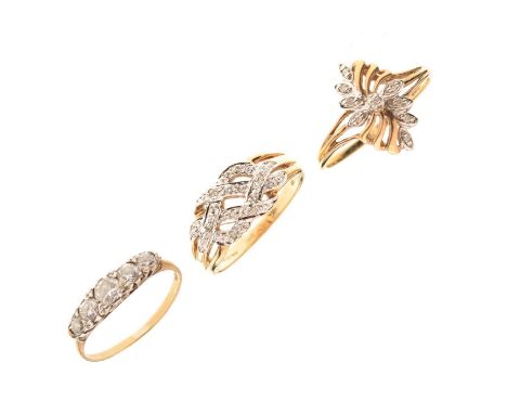 Three 9ct gold dress rings, the five stone ring set white stones, the two others set with small diamonds, 7.1g gross approx (