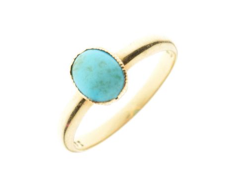 Single stone ring set turquoise cabochon, the shank stamped '18ct', size K approx, 2.2g gross approx