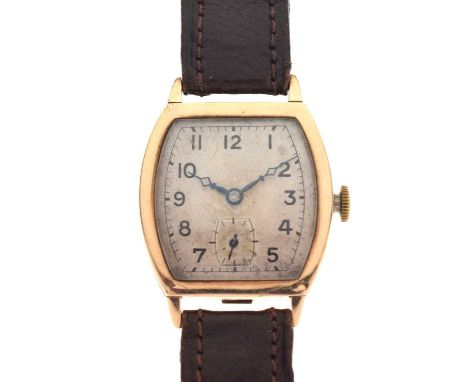 Gentleman's vintage 9ct gold cased wristwatch, silvered guilloche Arabic dial with subsidiary seconds dial at sixth hour, ins