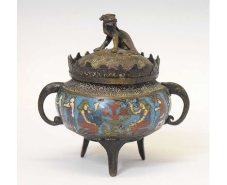 Bronzed and enamel finish koro, the domed cover with Dog of Fo finial, raised on three supports, mark to base, 13cm high