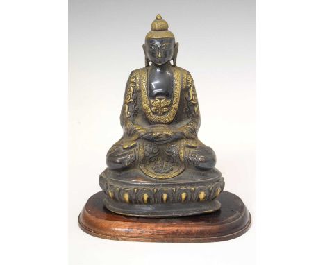 Thai bronze figure of Buddha, with wooden base, 13cm x 22cm high