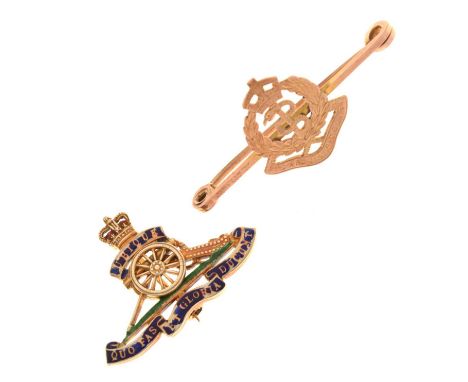Royal Artillery brooch with enamel decoration, and a Royal Army Medical Corps sweetheart brooch, both stamped '9ct', 6.8g gro