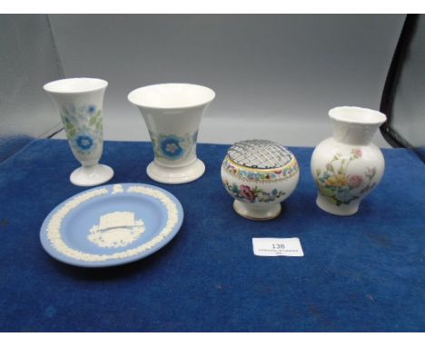 2 Wedgwood Clementine vases, Wedgwood jasperware small plate and 2 Coal port vases in Rose Garden and Ming Rose design