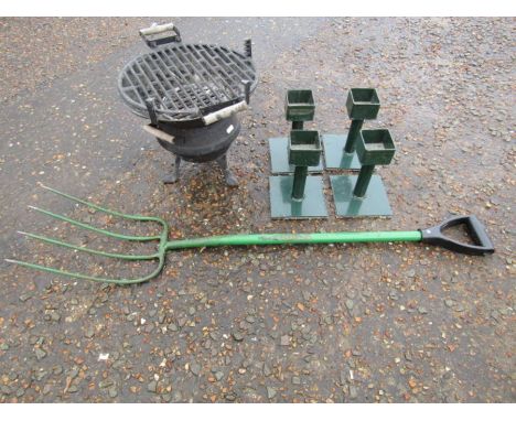 Cast iron BBQ, mucking fork and LVD table raisers 