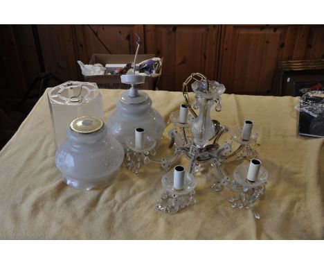 five branch chandelier plus two other glass light fittings plus one other


