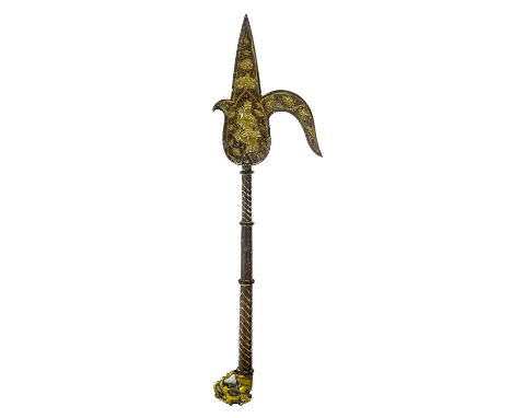 A Persian gilt bronze and iron sword stick, 19th century. With screw-in handle, full length 45.5cm, width 12cm, length of han