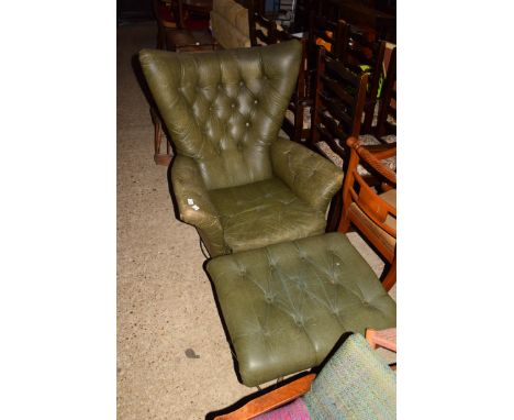 LEATHER UPHOLSTERED CHROME FRAMED ARMCHAIR AMD MATCHING BUTTON UPHOLSTERED FOOTSTOOL