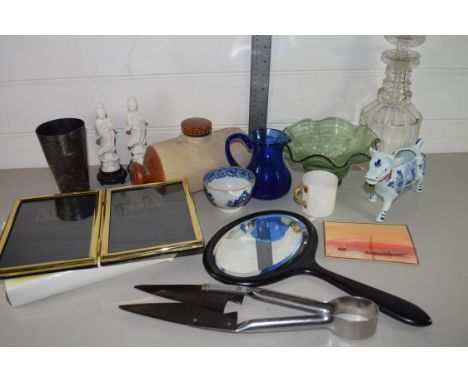 BOX CONTAINING CHINA AND GLASS WARES, GLASS DECANTER, METAL ART NOUVEAU BEAKER, DELFT MODEL OF A COW ETC
