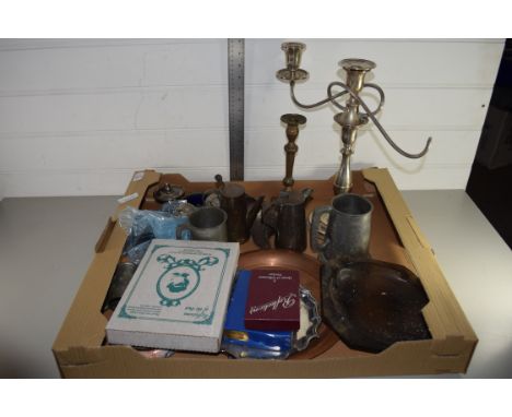 LARGE TRAY CONTAINING METAL ITEMS, CANDELABRA, PEWTER TANKARDS, CANDLESTICK ETC