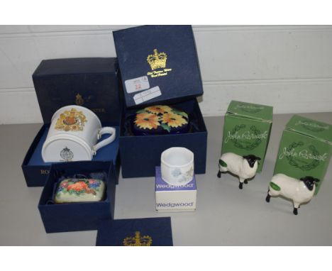BOX OF TUPTON WARE, LARGE ENAMEL BOX AND COVER, ROYAL WORCESTER BOXED COMMEMORATIVE MUG, OLD TUPTON WARE ENAMEL BOX ETC