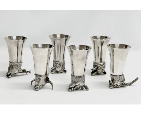 A set of 6 excellent quality Valenti silver plated bronze hunting stirrup cups. Mounted with various animals. Stag, boar, wol