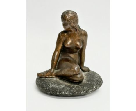 A small bronze mermaid on stone base. 6x7cm 