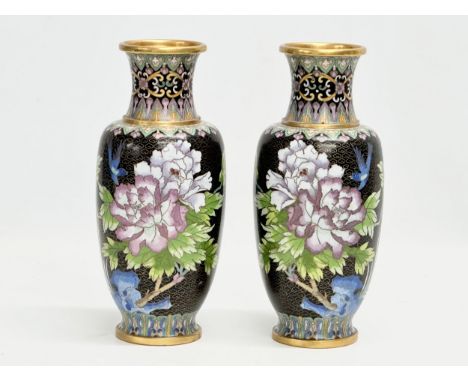 A pair of Zi Jin Cheng Cloisonné enamel baluster vases. 23cm. 