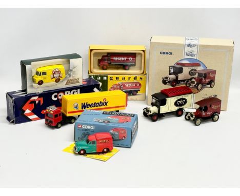 A collection of model trucks and cars. Corgi Weetabix truck. Corgi Terry’s of York. Vanguards Regent Bedford ‘s’ Type Tanker.