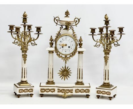 A large good quality Late 19th Century French marble and brass 3 piece clock set. Medaille D’Argent. With key and pendulum. C