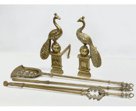 Large vintage Victorian style brass peacock fire andirons and matching tools. Andirons 27x42cm. Tools 81cm 