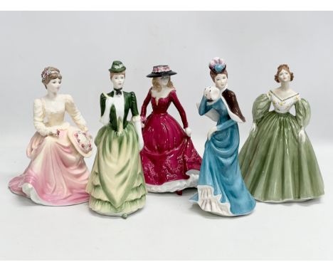 5 pottery figurines. A Royal Worcester ‘Christina’ figurine. 3 Coalport figurines and a Francesca Art China ‘Clara’ figurine.