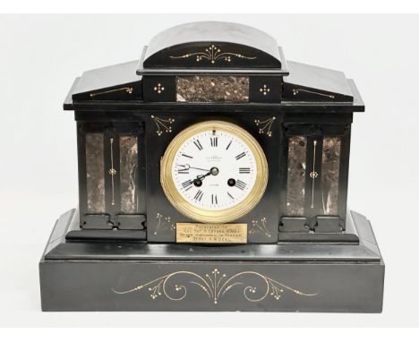 A large Victorian slate mantle clock. Presented to Col Sgt S. Cozens. R.M.L.I, on his discharge to pension. Dept R.M. Deal. W