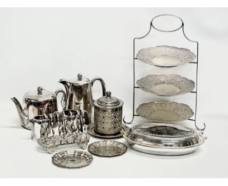 A collection of 19th and 20th Century silver plate. 3 tier cake stand. Toast rack, 4 piece tea service etc. 
