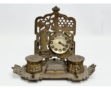 William Tonks. A Late 19th Century W.T &amp; S brass desktop inkstand and clock set in the Chinese style. 27x19x22cm 