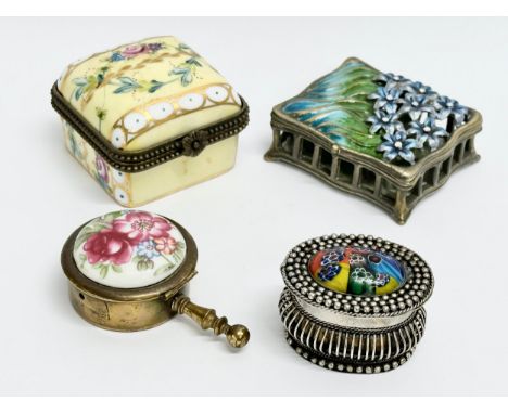 4 vintage trinket and pill boxes. Including a brass and hand painted porcelain portable ashtray. A millefiori pill box, a Fre