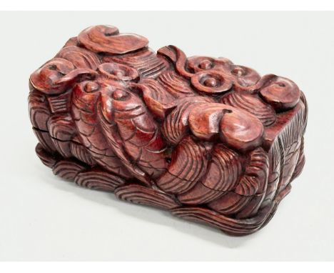 An Early 20th Century Chinese carved boxwood trinket box with koi fish relief. 12.5x7x6.5cm 