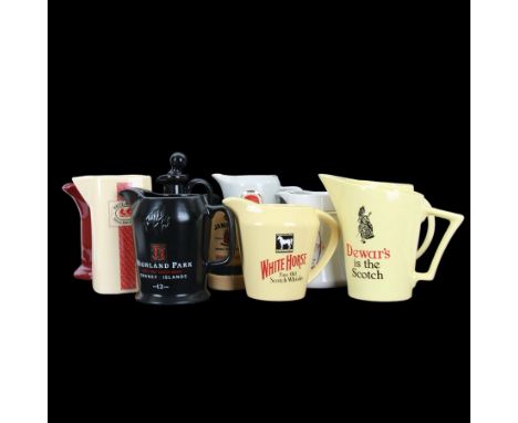 Eighteen ceramic whisky jugs bearing various advertising, including Cutty Sark, White Horse, Bells, Langs Supreme etc