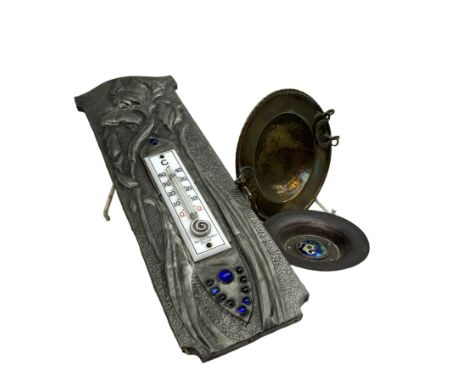 Art Nouveau silver mounted desk thermometer, embossed with floral sprigs, together with small dish with a enameled centre, an