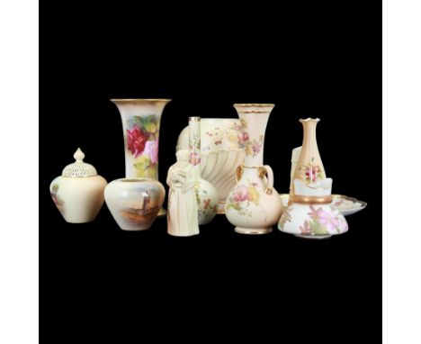 Collection of Royal Worcester Blush Ivory, including candle snuffer modelled as a monk, bamboo vase, twin handled vase etc (1