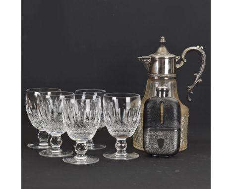 Four Waterford Colleen glasses, together with claret jug and silver plated glass flask