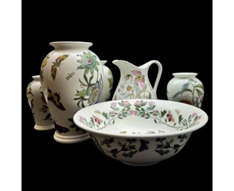 Four Portmeirion Botanical Garden vases, together with a water jug and basin, largest vase H26cm
