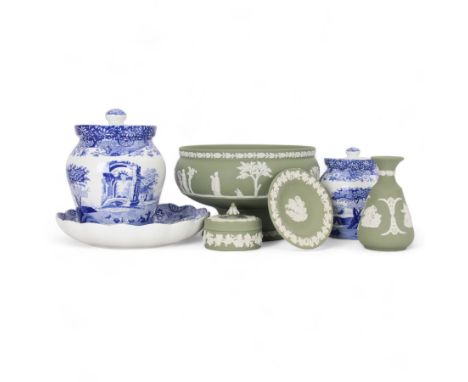Wedgwood Jasperware stepped bowl, together with covered trinket box, vase and trinket dish, together with two Spode Italian p